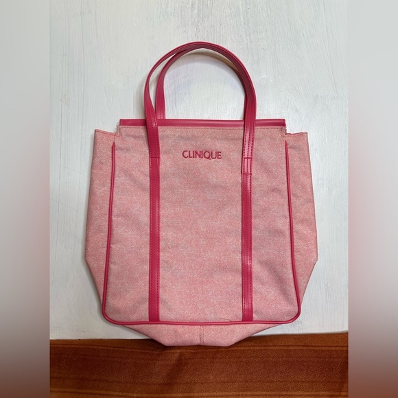 Clinique Handbags - Clinique Pink Tote Bag Polyester PVC Trim Large Shoulder Shopper Makeup Travel